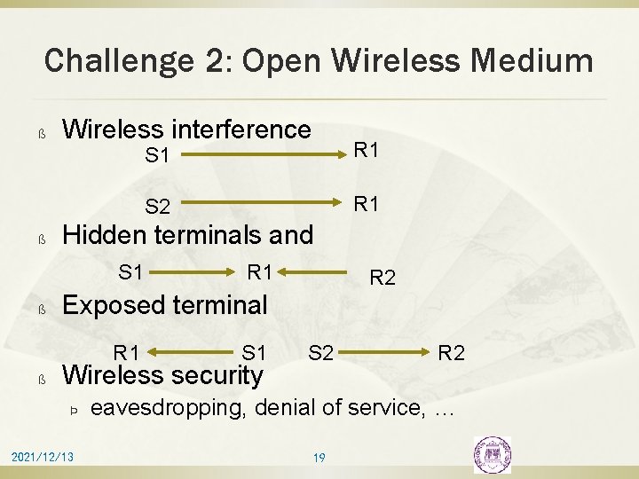 Challenge 2: Open Wireless Medium ß ß Wireless interference S 2 R 1 R