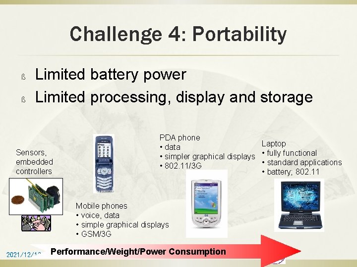 Challenge 4: Portability ß ß Limited battery power Limited processing, display and storage Sensors,