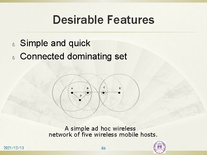 Desirable Features ß ß Simple and quick Connected dominating set A simple ad hoc