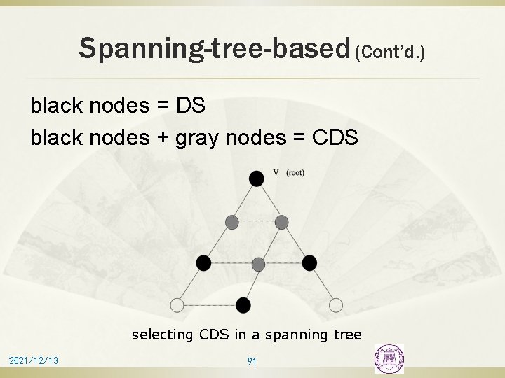 Spanning-tree-based (Cont’d. ) black nodes = DS black nodes + gray nodes = CDS
