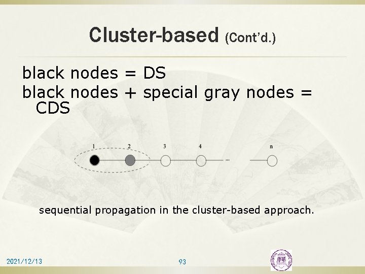 Cluster-based (Cont’d. ) black nodes = DS black nodes + special gray nodes =