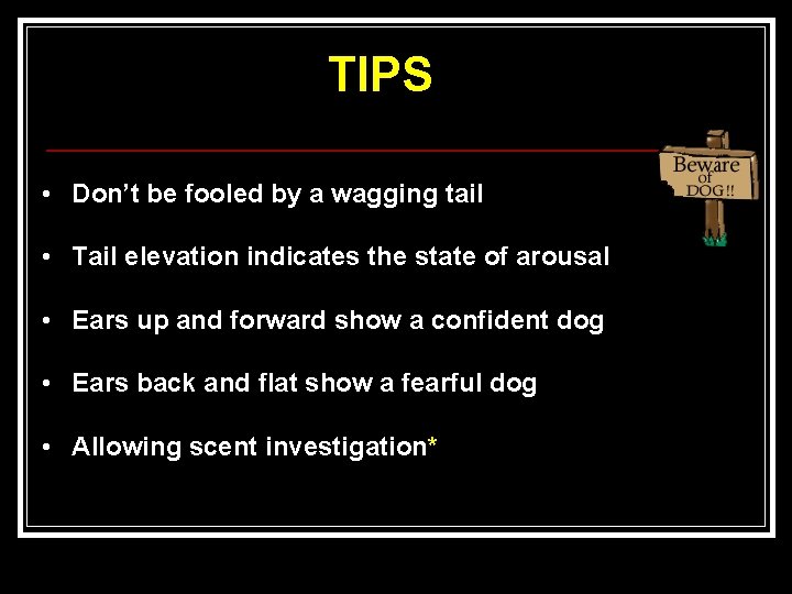 TIPS • Don’t be fooled by a wagging tail • Tail elevation indicates the