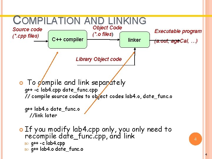 COMPILATION AND LINKING Object Code Source code (*. cpp files) C++ compiler (*. o COMPILATION AND LINKING Object Code Source code (*. cpp files) C++ compiler (*. o
