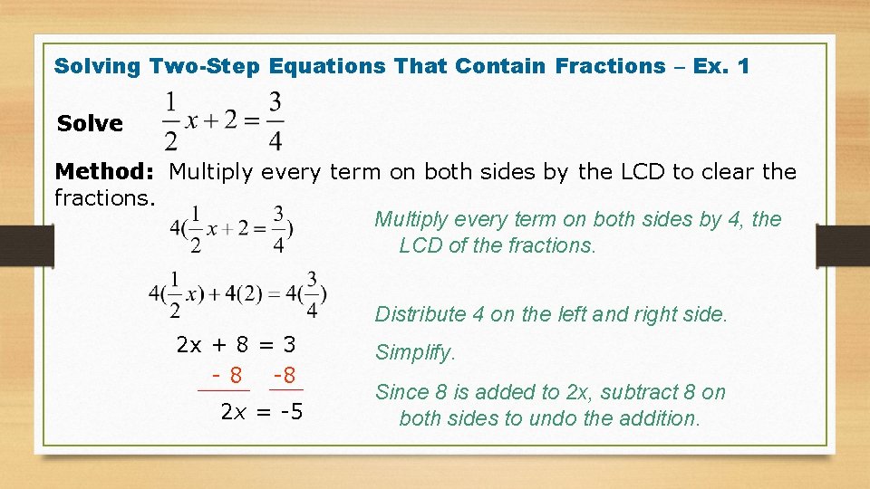 Solving Two-Step Equations That Contain Fractions – Ex. 1 Solve Method: Multiply every term