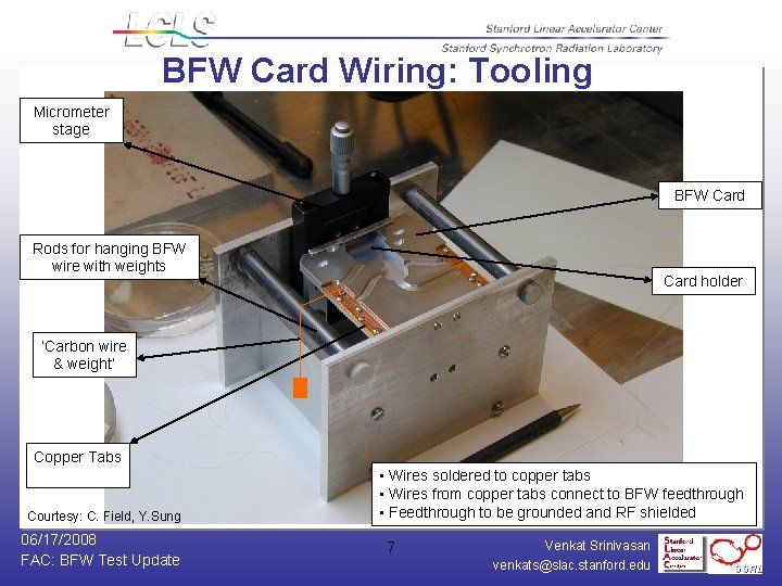 BFW Card Wiring: Tooling Micrometer stage BFW Card Rods for hanging BFW wire with