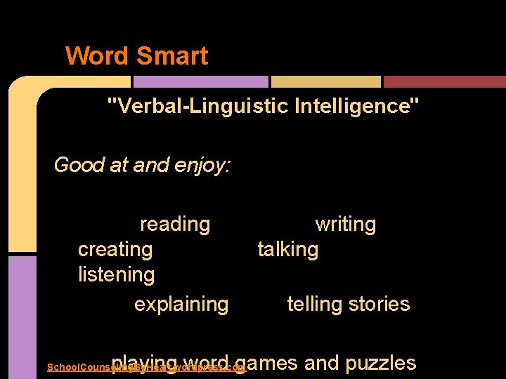 Word Smart "Verbal-Linguistic Intelligence" Good at and enjoy: reading creating listening explaining writing talking