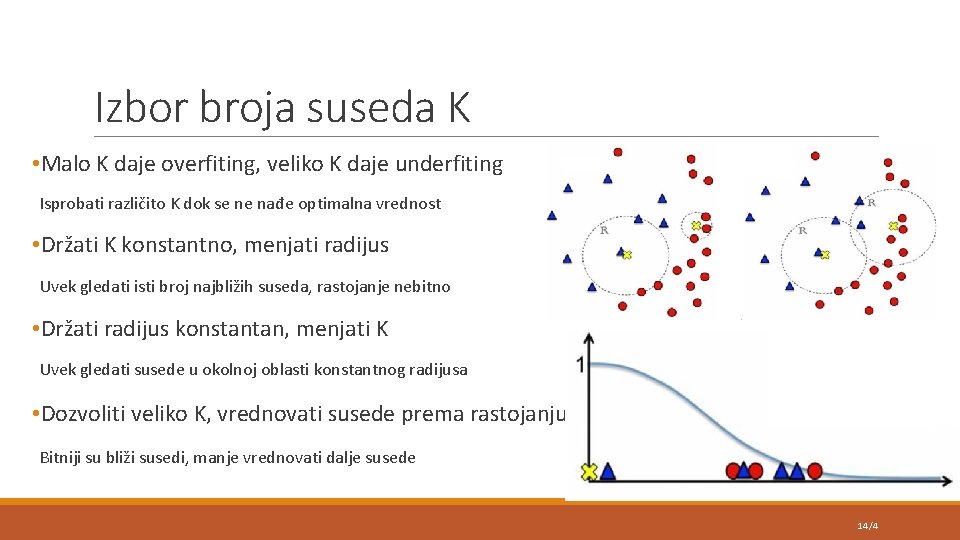 Izbor broja suseda K • Malo K daje overfiting, veliko K daje underfiting Isprobati