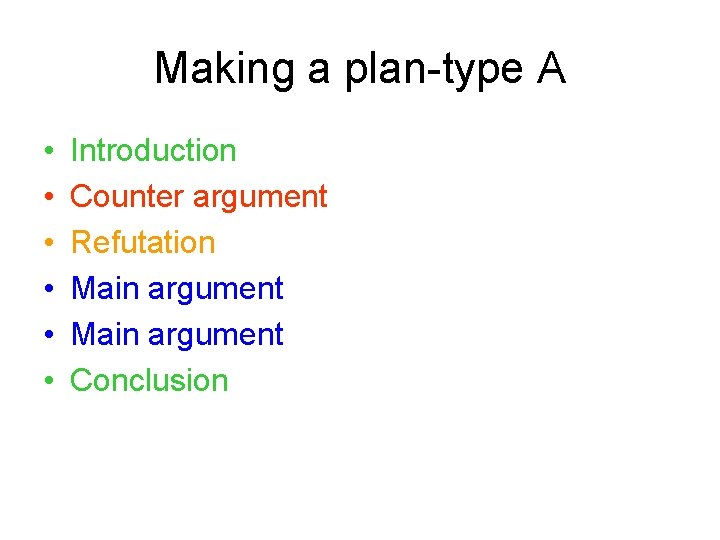 Making a plan-type A • • • Introduction Counter argument Refutation Main argument Conclusion
