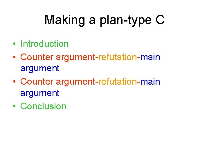 Making a plan-type C • Introduction • Counter argument-refutation-main argument • Conclusion 