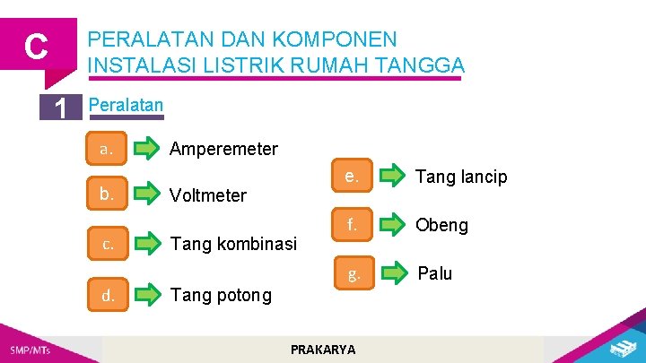 C PERALATAN DAN KOMPONEN INSTALASI LISTRIK RUMAH TANGGA 1 Peralatan a. b. c. d.