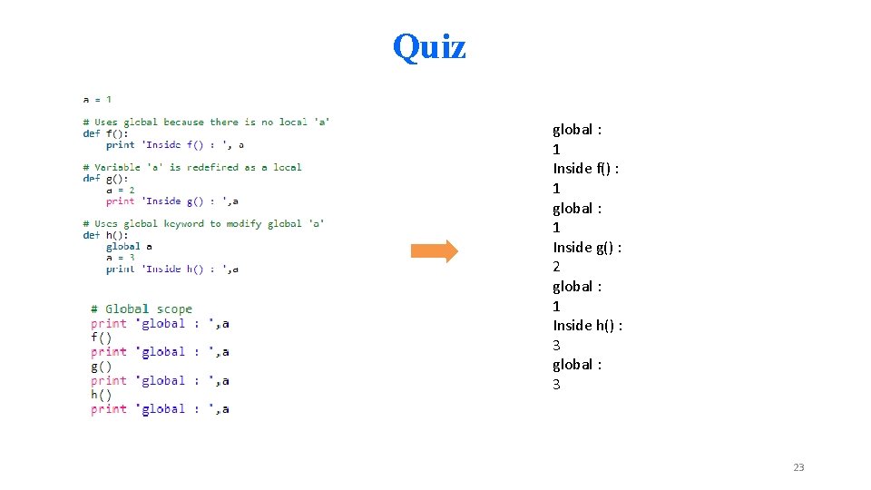 Quiz global : 1 Inside f() : 1 global : 1 Inside g() :