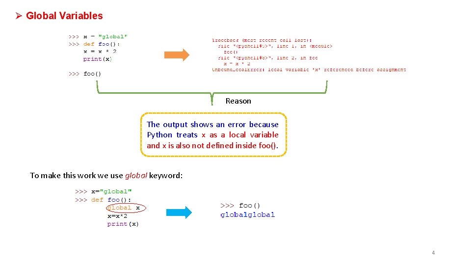 Ø Global Variables Reason The output shows an error because Python treats x as