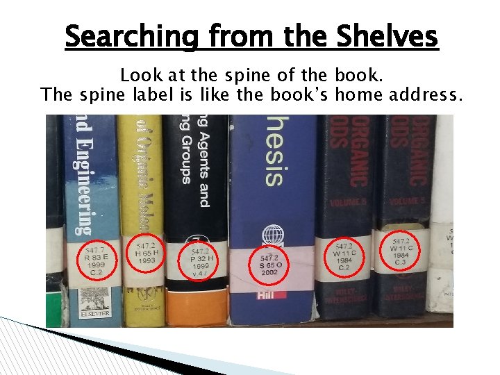 Searching from the Shelves Look at the spine of the book. The spine label