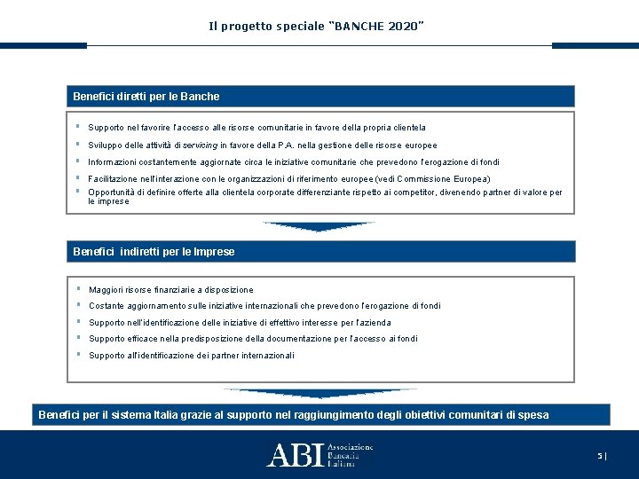 Il progetto speciale “BANCHE 2020” Benefici diretti per le Banche § Supporto nel favorire