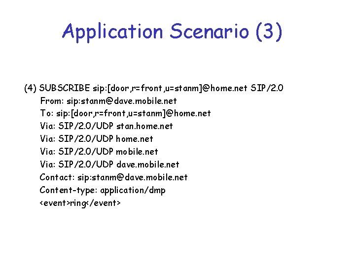 Application Scenario (3) (4) SUBSCRIBE sip: [door, r=front, u=stanm]@home. net SIP/2. 0 From: sip: