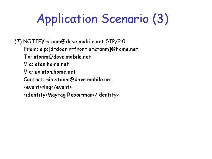 Application Scenario (3) (7) NOTIFY stanm@dave. mobile. net SIP/2. 0 From: sip: [d=door, r=front,