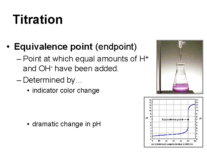 Titration • Equivalence point (endpoint) – Point at which equal amounts of H+ and