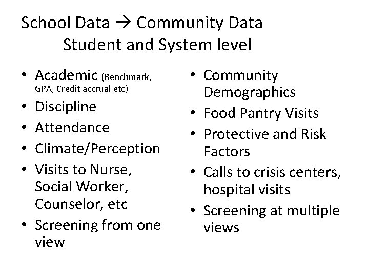 School Data Community Data Student and System level • Academic (Benchmark, GPA, Credit accrual