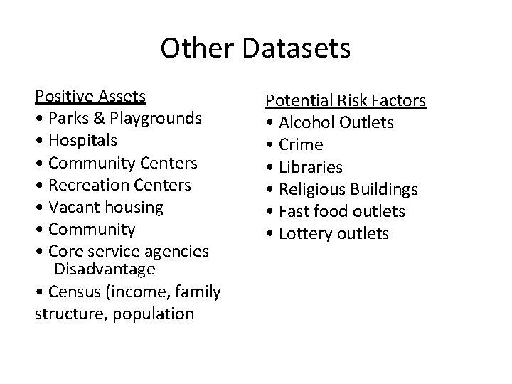 Other Datasets Positive Assets • Parks & Playgrounds • Hospitals • Community Centers •