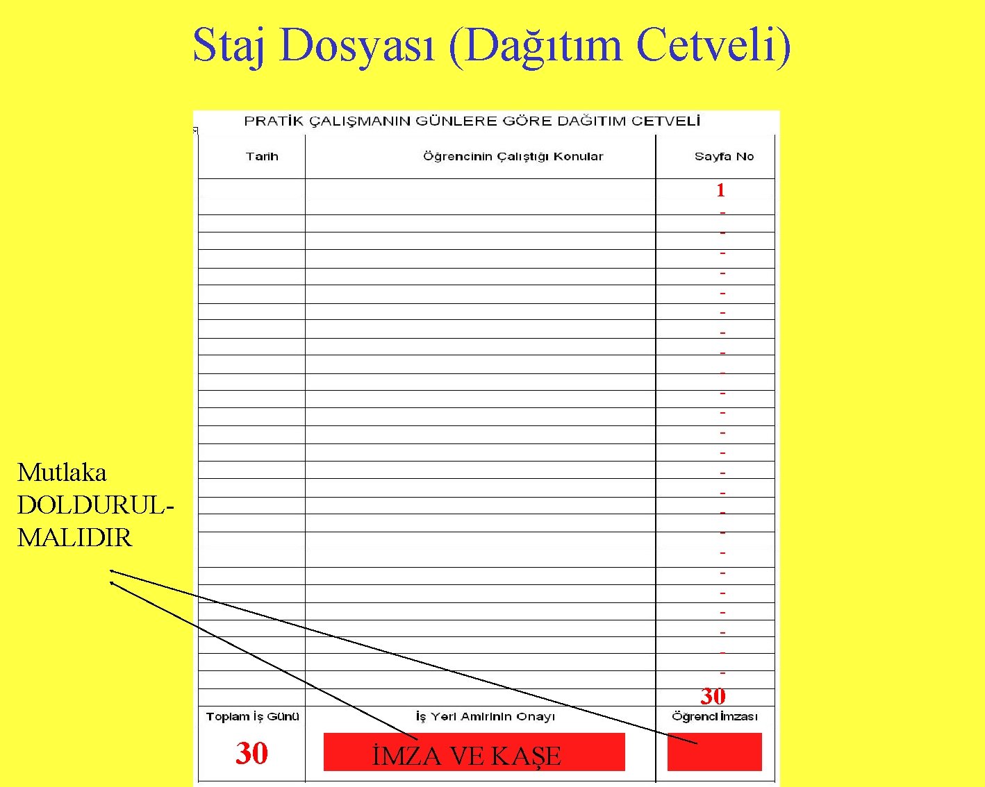 Staj Dosyası (Dağıtım Cetveli) 1 - Mutlaka DOLDURULMALIDIR 30 30 İMZA VE KAŞE 