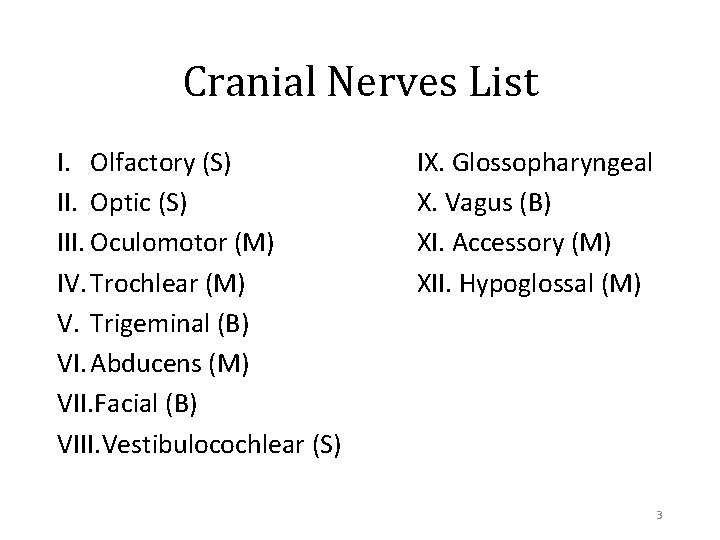 Cranial Nerves List I. Olfactory (S) II. Optic (S) III. Oculomotor (M) IV. Trochlear