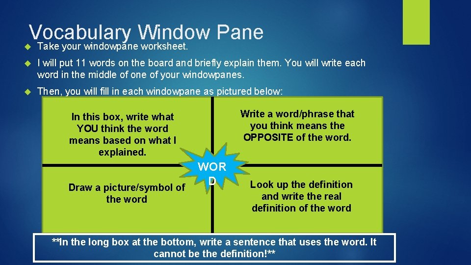 Vocabulary Window Pane Take your windowpane worksheet. I will put 11 words on the