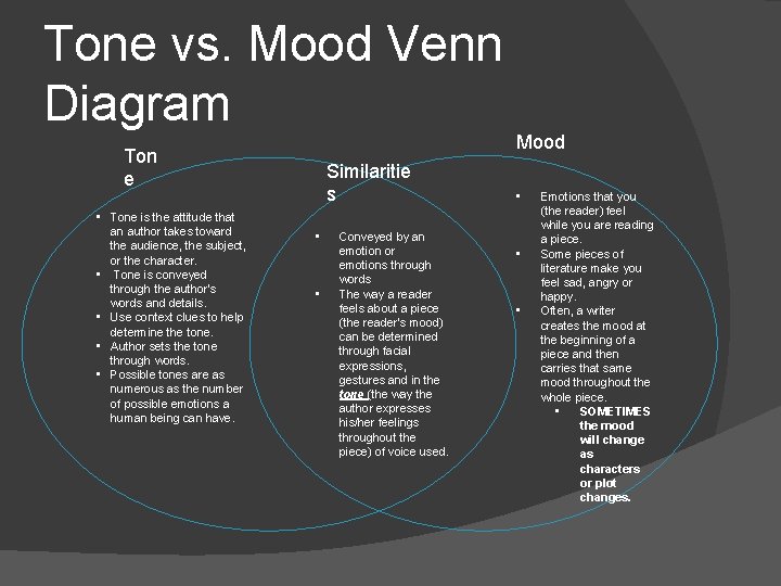 Tone vs. Mood Venn Diagram Ton e • Tone is the attitude that an