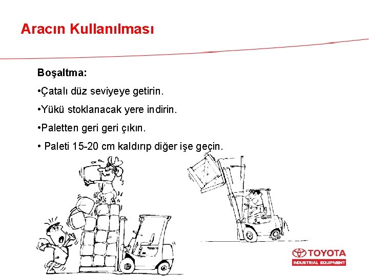 Aracın Kullanılması Boşaltma: • Çatalı düz seviyeye getirin. • Yükü stoklanacak yere indirin. •