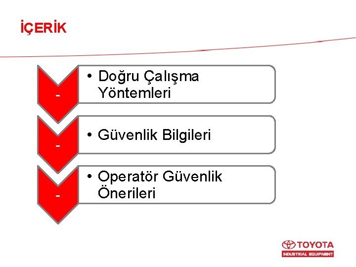 İÇERİK - • Doğru Çalışma Yöntemleri • Güvenlik Bilgileri • Operatör Güvenlik Önerileri 