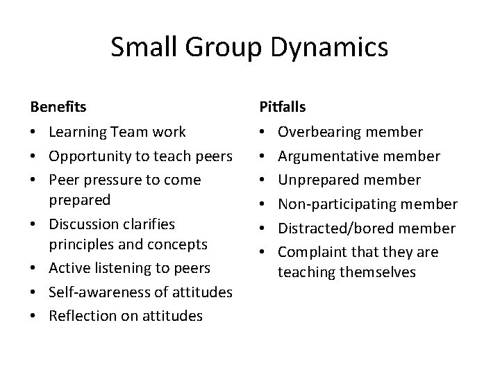 Small Group Dynamics Benefits Pitfalls • Learning Team work • Opportunity to teach peers