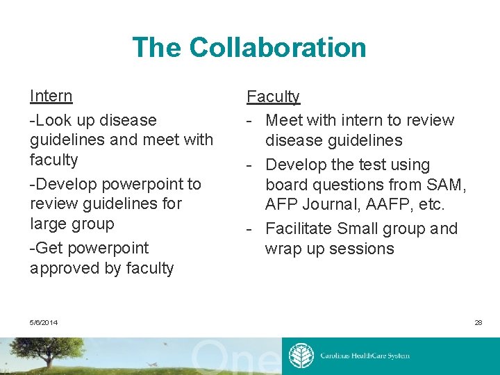 The Collaboration Intern -Look up disease guidelines and meet with faculty -Develop powerpoint to