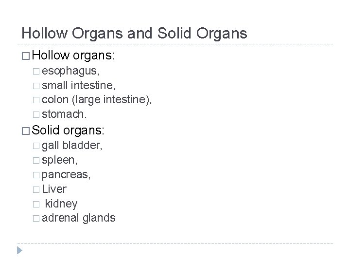 Hollow Organs and Solid Organs � Hollow organs: � esophagus, � small intestine, �