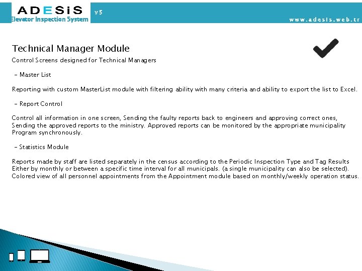 Elevator Inspection System Technical Manager Module Control Screens designed for Technical Managers - Master