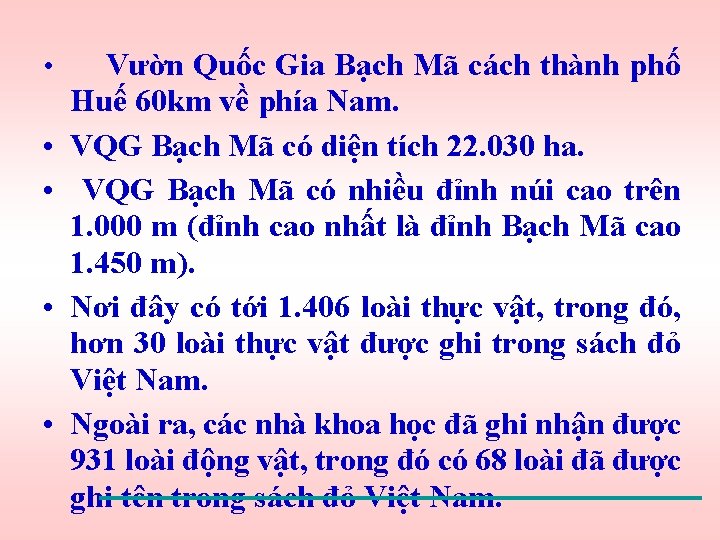  • • • Vườn Quốc Gia Bạch Mã cách thành phố Huế 60