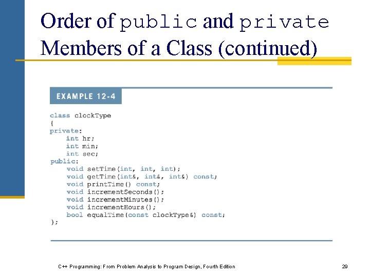 Order of public and private Members of a Class (continued) C++ Programming: From Problem Order of public and private Members of a Class (continued) C++ Programming: From Problem