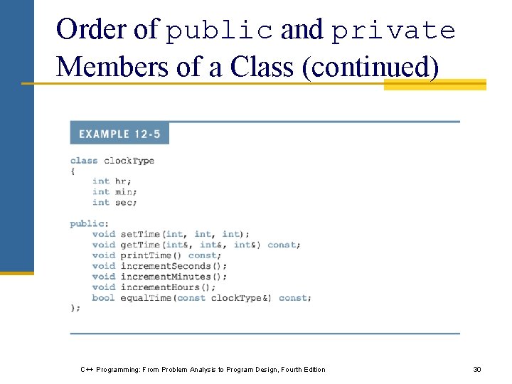 Order of public and private Members of a Class (continued) C++ Programming: From Problem Order of public and private Members of a Class (continued) C++ Programming: From Problem