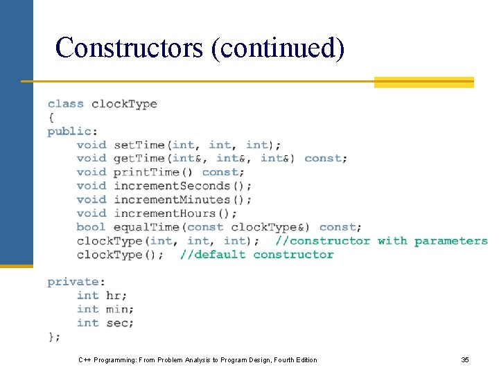Constructors (continued) C++ Programming: From Problem Analysis to Program Design, Fourth Edition 35 Constructors (continued) C++ Programming: From Problem Analysis to Program Design, Fourth Edition 35