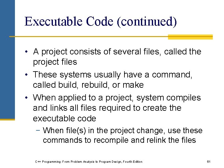 Executable Code (continued) • A project consists of several files, called the project files Executable Code (continued) • A project consists of several files, called the project files