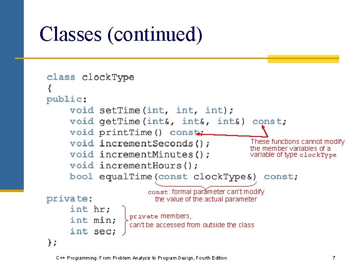Classes (continued) These functions cannot modify the member variables of a variable of type Classes (continued) These functions cannot modify the member variables of a variable of type