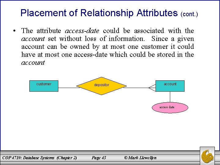 Placement of Relationship Attributes (cont. ) • The attribute access-date could be associated with