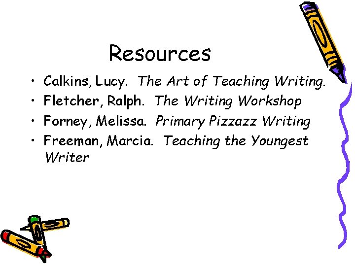 Resources • • Calkins, Lucy. The Art of Teaching Writing. Fletcher, Ralph. The Writing