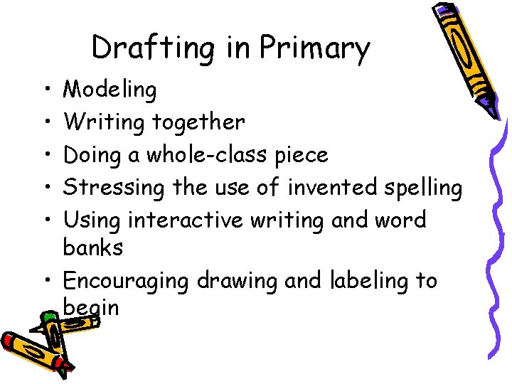 Drafting in Primary • • • Modeling Writing together Doing a whole-class piece Stressing