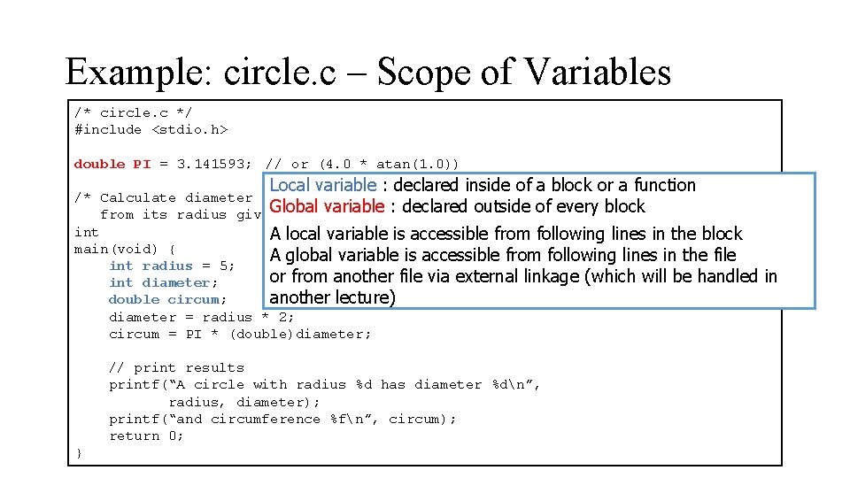 Example: circle. c – Scope of Variables /* circle. c */ #include <stdio. h>
