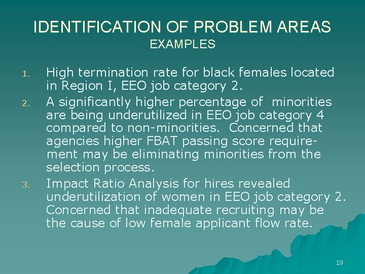 IDENTIFICATION OF PROBLEM AREAS EXAMPLES 1. 2. 3. High termination rate for black females