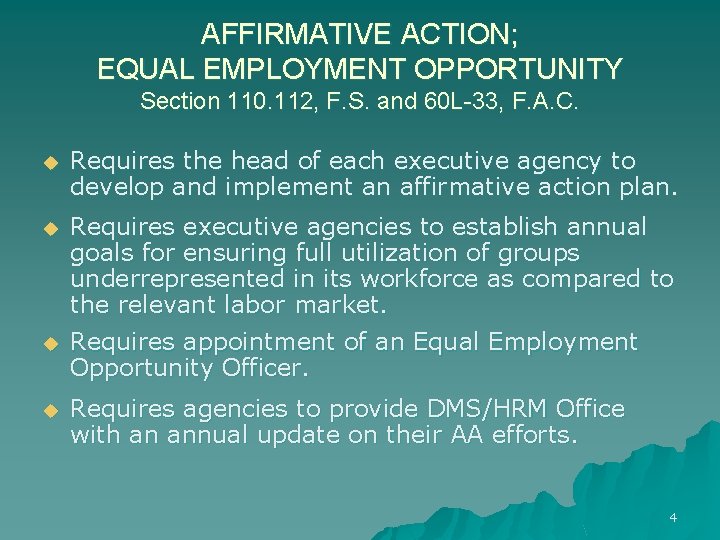 AFFIRMATIVE ACTION; EQUAL EMPLOYMENT OPPORTUNITY Section 110. 112, F. S. and 60 L-33, F.