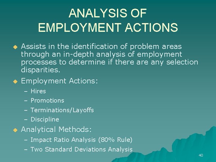 ANALYSIS OF EMPLOYMENT ACTIONS u Assists in the identification of problem areas through an