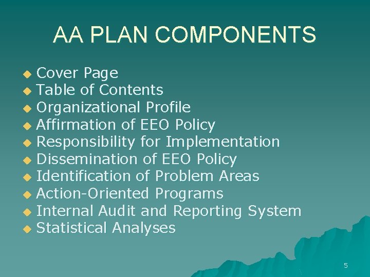 AA PLAN COMPONENTS Cover Page u Table of Contents u Organizational Profile u Affirmation