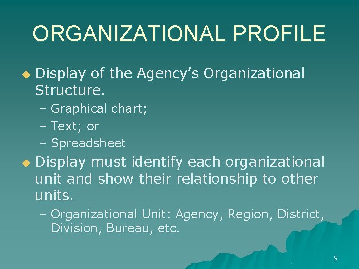 ORGANIZATIONAL PROFILE u Display of the Agency’s Organizational Structure. – Graphical chart; – Text;