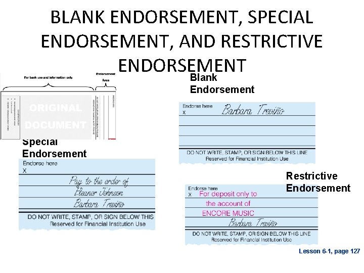 BLANK ENDORSEMENT, SPECIAL ENDORSEMENT, AND RESTRICTIVE ENDORSEMENT Blank Endorsement Special Endorsement Restrictive Endorsement Lesson