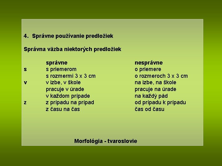 4. Správne používanie predložiek Správna väzba niektorých predložiek s v z správne s priemerom